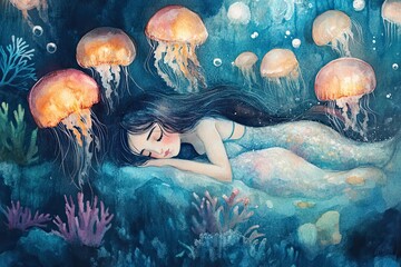 A dreamy underwater scene with jellyfish glowing in the deep, a sleepy mermaid in a coral bed, watercolor ethereal tones
