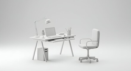 Fototapeta premium Minimalist White Home Office Workspace Desk, Chair, Laptop, and Accessories. Clean, Modern Design for Productivity and Efficiency.