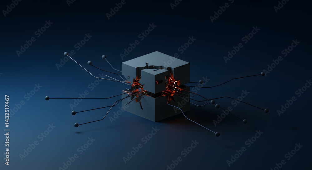 Poster abstract 3d render exploded cube with circuit connections, glowing orange core, dark blue background