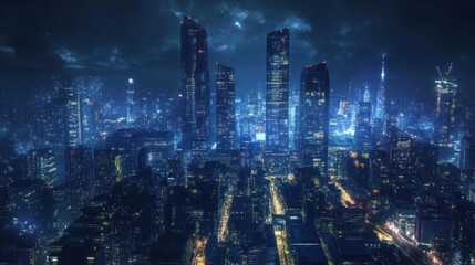Nighttime illuminated cityscape featuring towering skyscrapers under a clouded sky