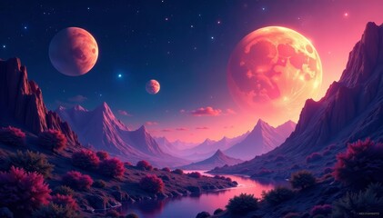 Digital artwork of cosmic landscape with colorful planets, astronomy, ethereal