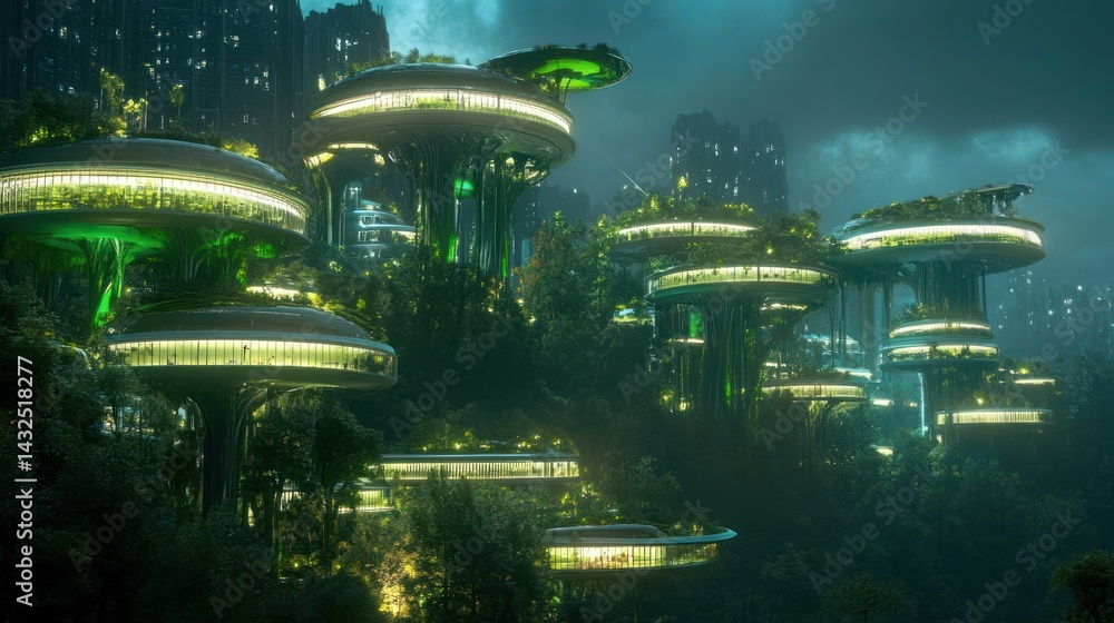 Poster futuristic metropolis blending nature with technological advancement in architecture