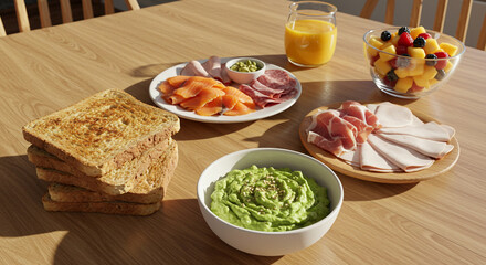 A breakfast spread with toast, avocado, meats, fruit salad, and orange juice on a wooden table top