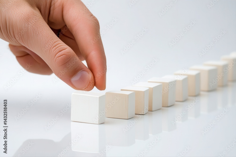 Aufkleber hand placing a wooden block in a line of blocks on a reflective surface, symbolizing strategy