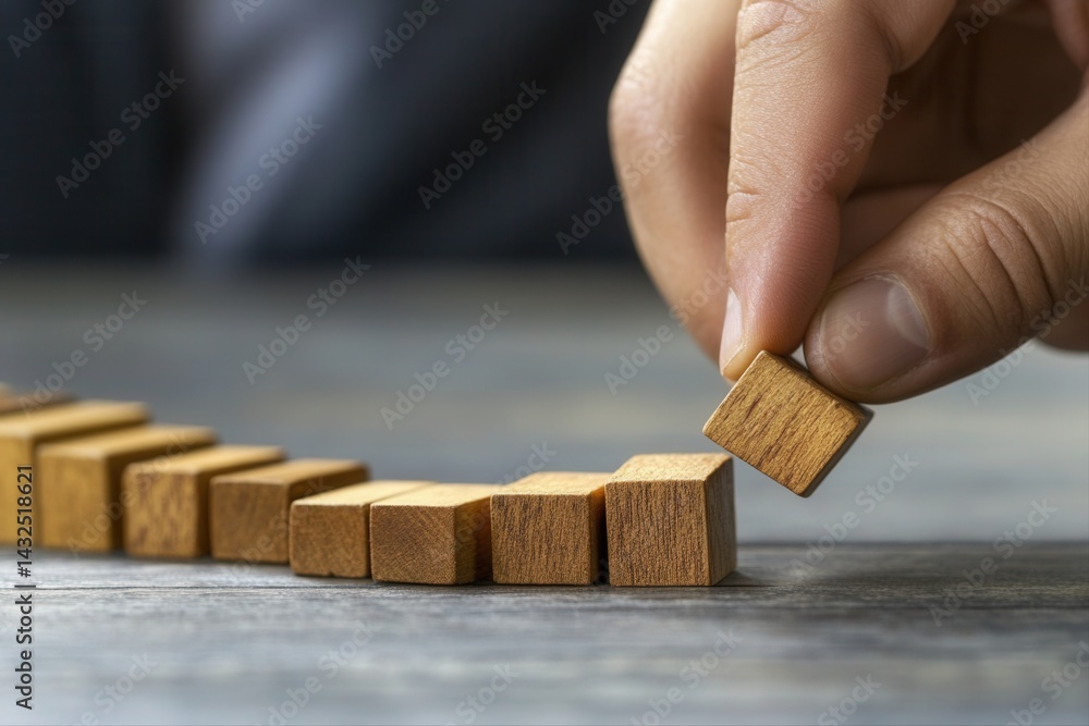 Poster hand placing a wooden block on a stack, symbolizing growth and strategy in a workspace