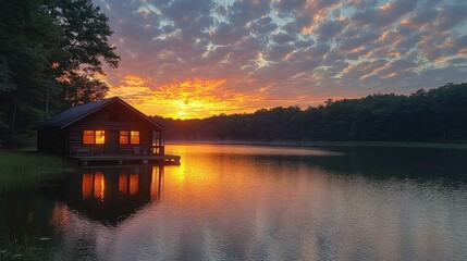 Obraz premium Picturesque lakeside log cabin bathed in the glow of a vibrant sunrise