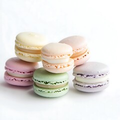 Fototapeta premium Pastel Colored Macarons Stacked On White Background For Sweet Dessert Concept