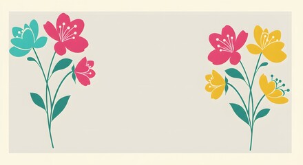 Vibrant Floral Design Elegant Flower Illustration with Teal, Pink, and Yellow Blooms, Perfect for Spring or Summer Themes, Greeting Cards, and Digital Projects.
