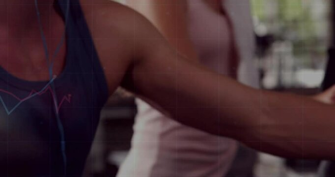 Workout partners monitoring fitness metrics in gym, with faint grid and line graphs