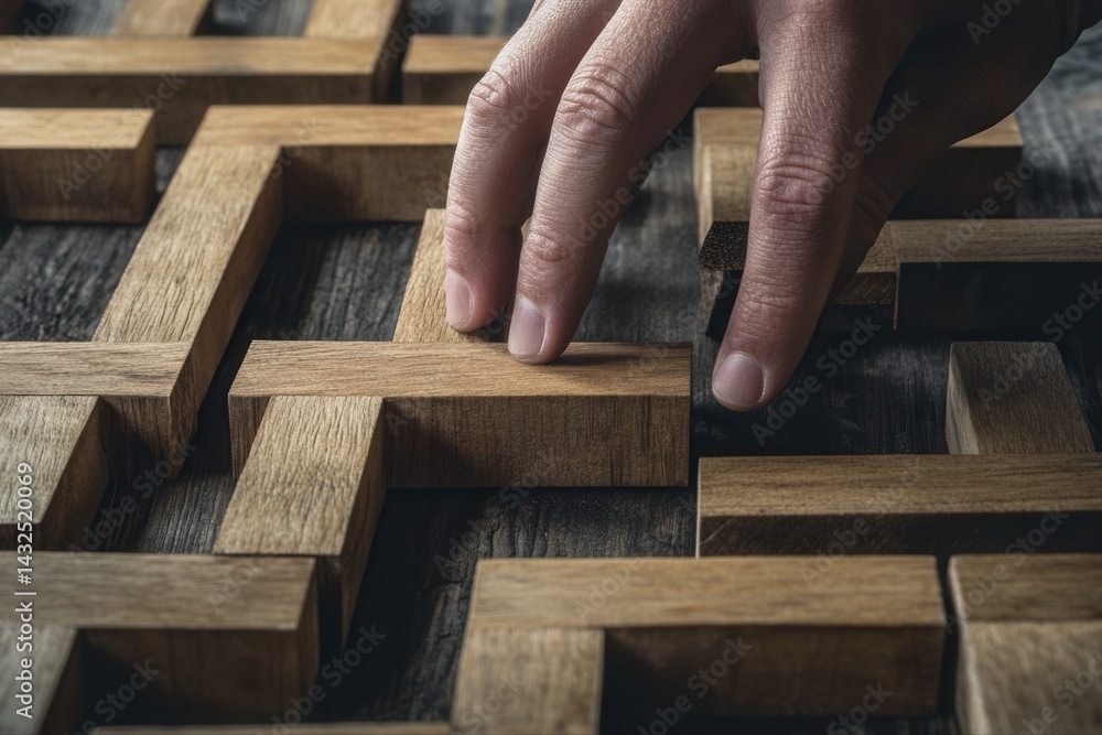 Aufkleber hand placing wooden puzzle pieces on a rustic table, creating a unique design pattern