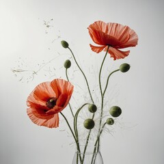 A delicate poppy with petals blowing in the wind, white background
