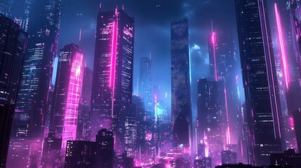 Neon Metropolis: Futuristic cityscape illuminated by vibrant pink and blue lights