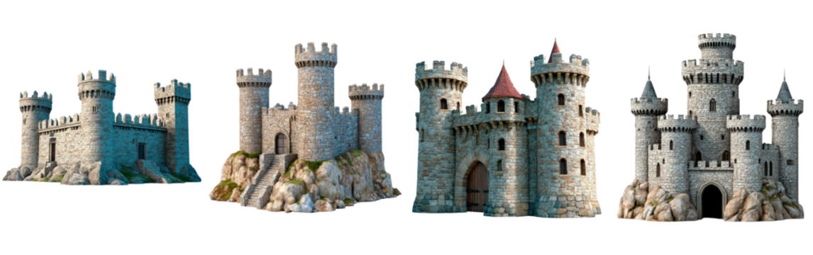 Medieval stone castle with towers, turrets, and battlements isolated on transparent background