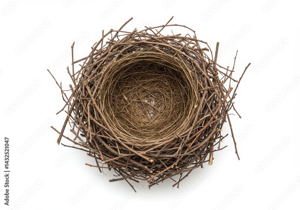 Poster overhead view of a circular bird's nest made of twigs and small branches on a white background