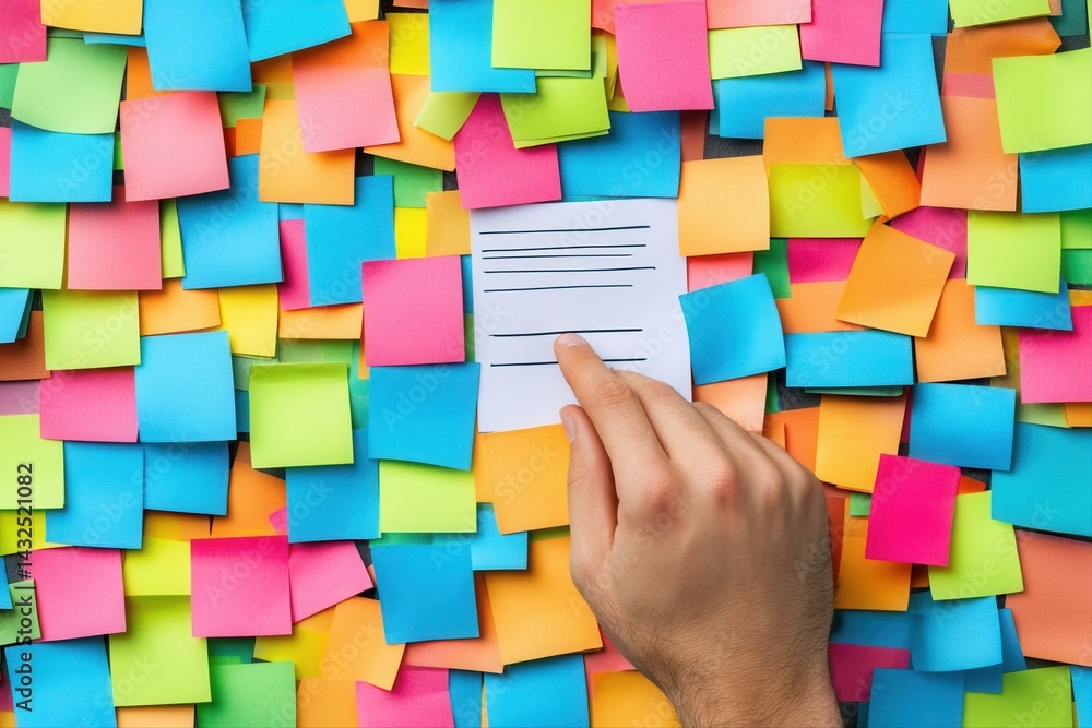 Poster hand reaching for a blank note amidst a colorful array of sticky notes on a wall