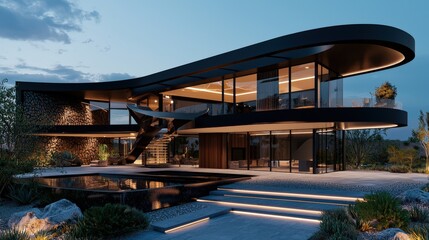 Obraz premium Explore modern luxury estate design dusk views sustainable living contemporary environment nature integration