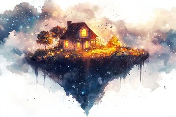 A floating island with a little house and glowing garden, surrounded by stars and soft clouds, dreamy watercolor style
