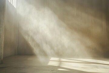 A foggy neutral space with light playing across dusty textures.