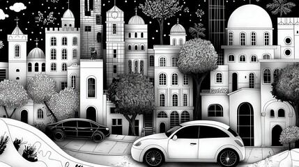 Urban landscape art city streets black and white illustration artistic environment aerial view design concept