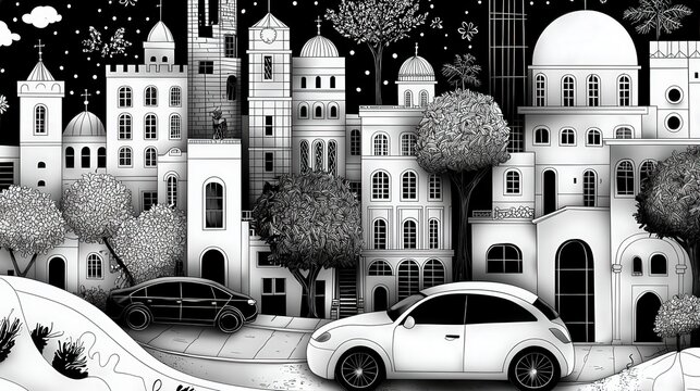 Urban landscape art city streets black and white illustration artistic environment aerial view design concept