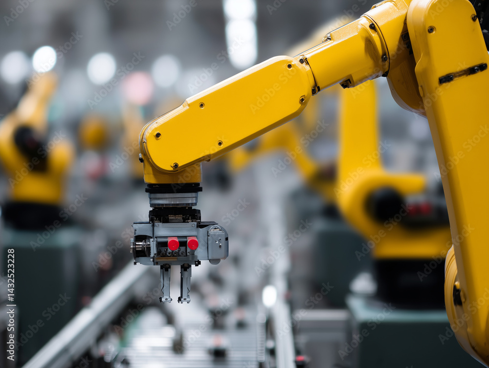Aufkleber Yellow robotic arm in factory setting, focusing on precision and automation. arm is part of synchronized assembly line