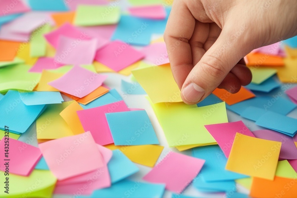 Aufkleber hand selecting a sticky note from a colorful array of post-it notes scattered on a surface