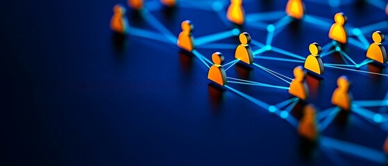 Abstract network visualization with connected figures on a dark blue background, showing social connections