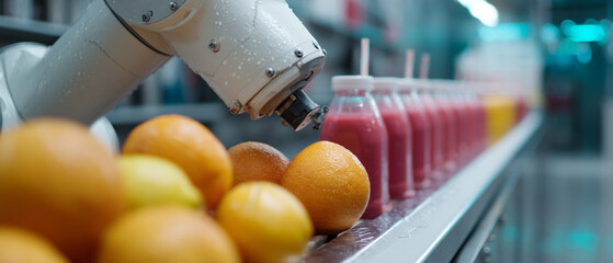 robotic arm efficiently arranges fresh oranges and smoothie bottles on conveyor in modern factory setting
