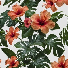 A hibiscus flower with tropical leaves, white background