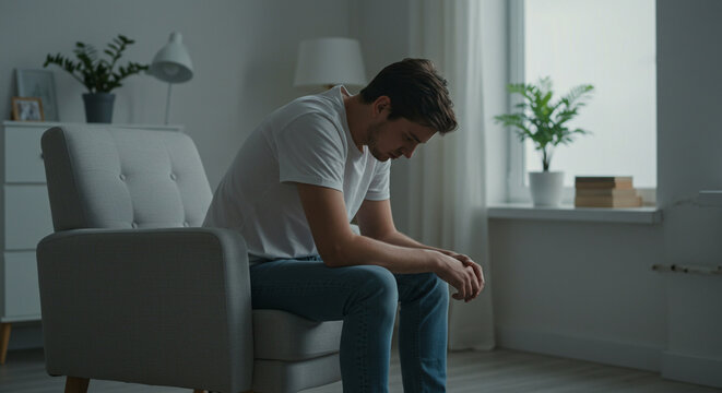 A man sitting in a gray armchair with his head down in a room with a window and a white dresser - Powered by Adobe
