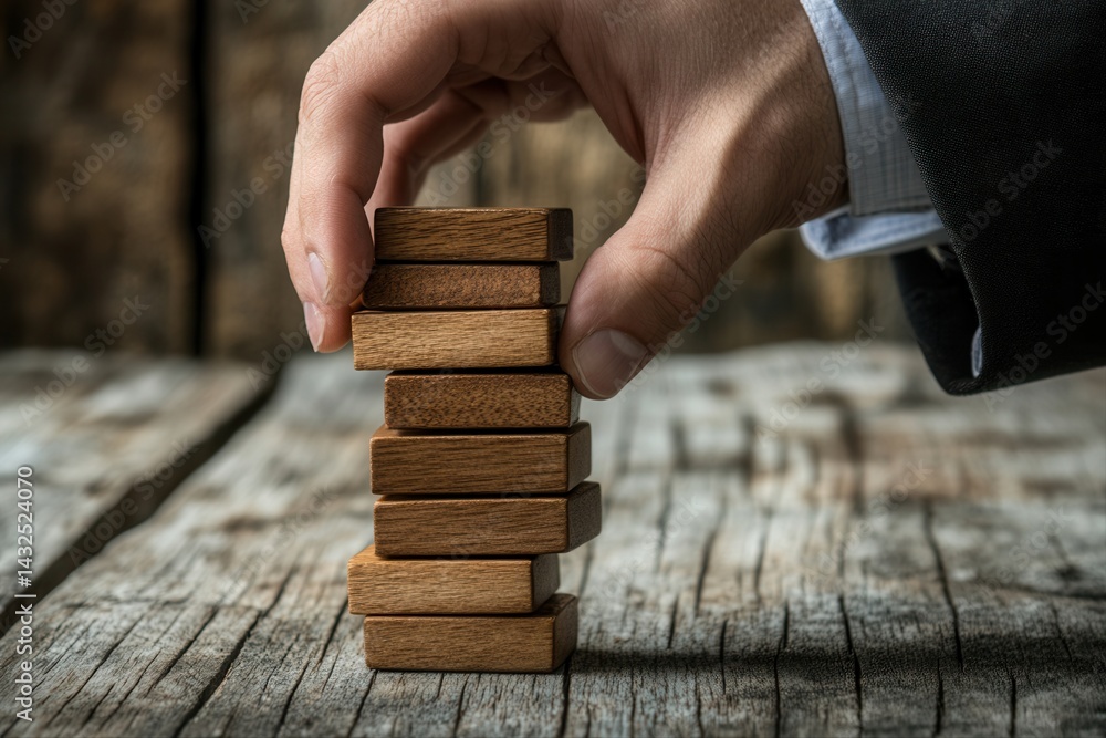 Aufkleber hand stacking wooden blocks on a rustic table, showcasing focus and precision in a calm setting