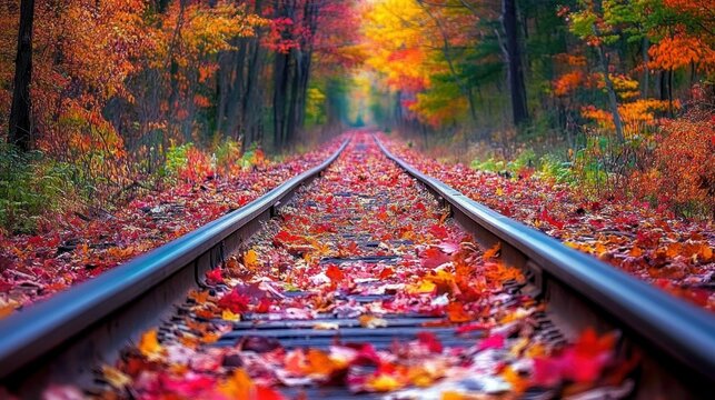 Autumnal train tracks through colorful forest