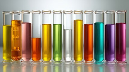 Colorful liquid-filled test tubes in a laboratory setting.