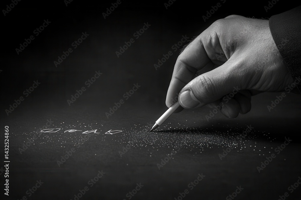 Poster hand writing on a dark surface with a stylus, creating artistic patterns and textures