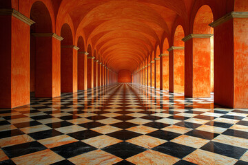 A stunning interior with orange walls, arched columns, and a striking black-and-white checkerboard floor creates a captivating visual perspective.