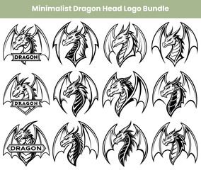 Fototapeta premium Dragon Heads With Wings Collection In Black and White Color On Transparent BG