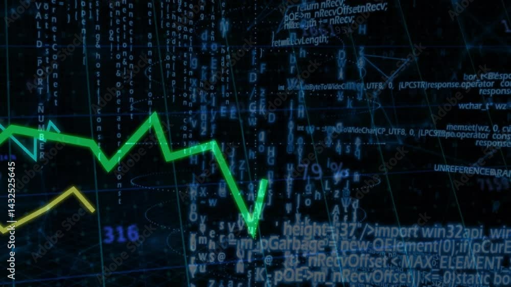 Poster neon green zigzag line graph tracking data across grid with glowing code overlays in 3d render