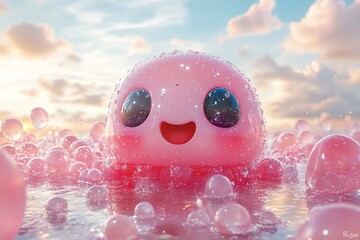 Joyful Pink Blob in Bubbly Sunset Waters: A Dreamy 3D Render