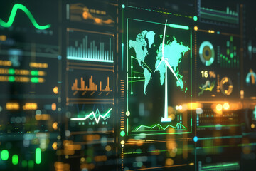 Suspended ESG Dashboard Displaying Carbon Footprint Heatmaps and Wind Turbine Icons, Green Energy Data Streams on a Matte Black Background, Corporate Sustainability Theme