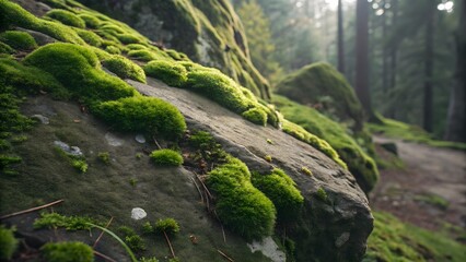 A macro texture capturing the rich green tones and organic patterns of moss growing on a rock surface. Perfect for nature themes, eco-friendly designs, and botanical illustrations.