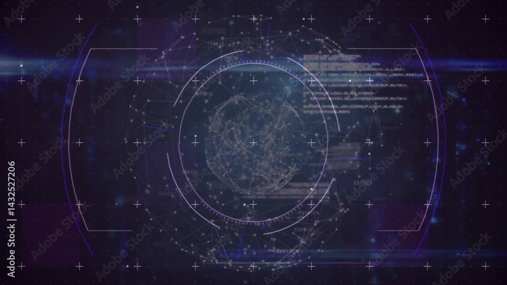 Poster rotating wireframe sphere orbiting glowing concentric gauges with shimmering floating nodes