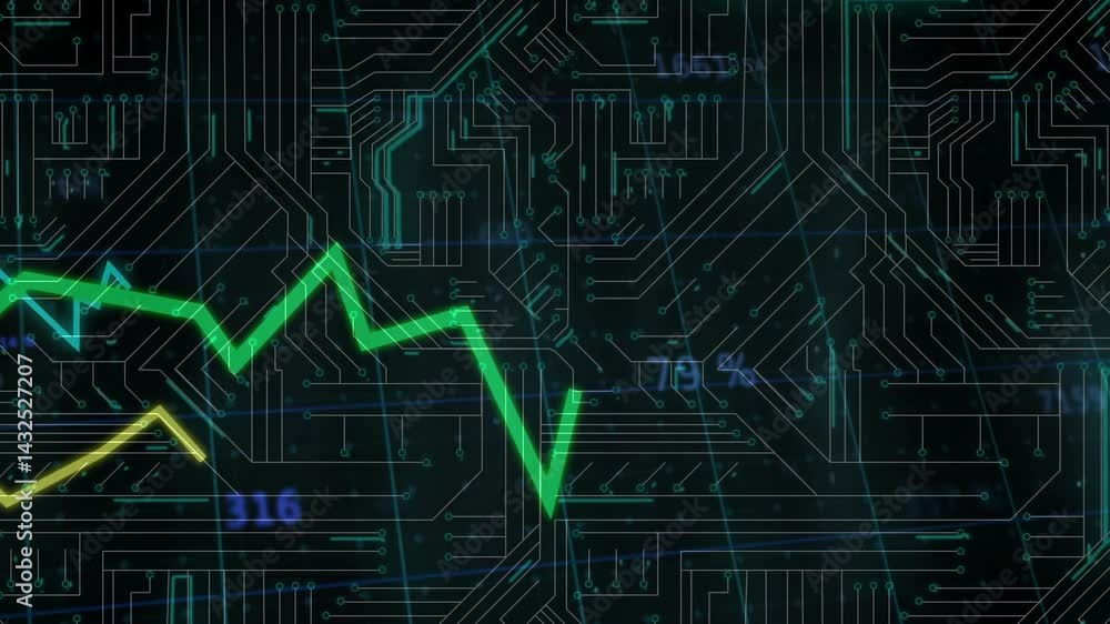 Poster neon green zigzag graph pulsing across dark circuit traces, glowing teal connector nodes flashing
