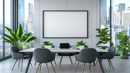 Fototapeta premium Modern office conference room with blank frame mock up on wall panoramic city view and tropical plants offering a sense of refined workspace