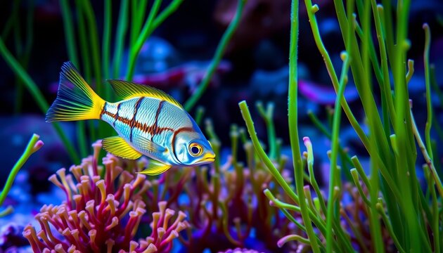 Vibrant symphodus fish amidst lush posidonia seagrass, underwater world, animal
