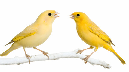 Fototapeta premium On a bright white background, two canaries—one yellow and one slightly darker—stand side by side on a white branch, displaying their various hues and unique traits.