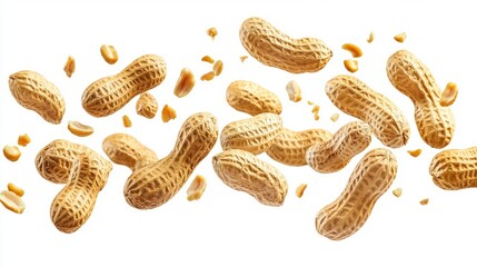 A bunch of peanuts are scattered in the air, with some of them broken