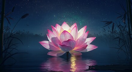 Night Bloom: A Serene Lotus Flower Reflecting on a Tranquil Pond Under a Starry Sky