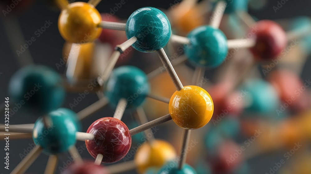 Poster colorful molecular structure model with connecting sticks.