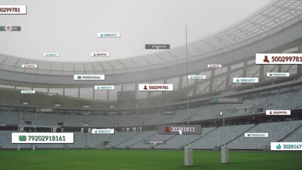 Open-air stadium being animated with floating UI labels moving across goal posts and green field