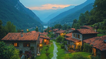 Fototapeta premium Idyllic mountain village nestled amidst lush greenery at tranquil dusk